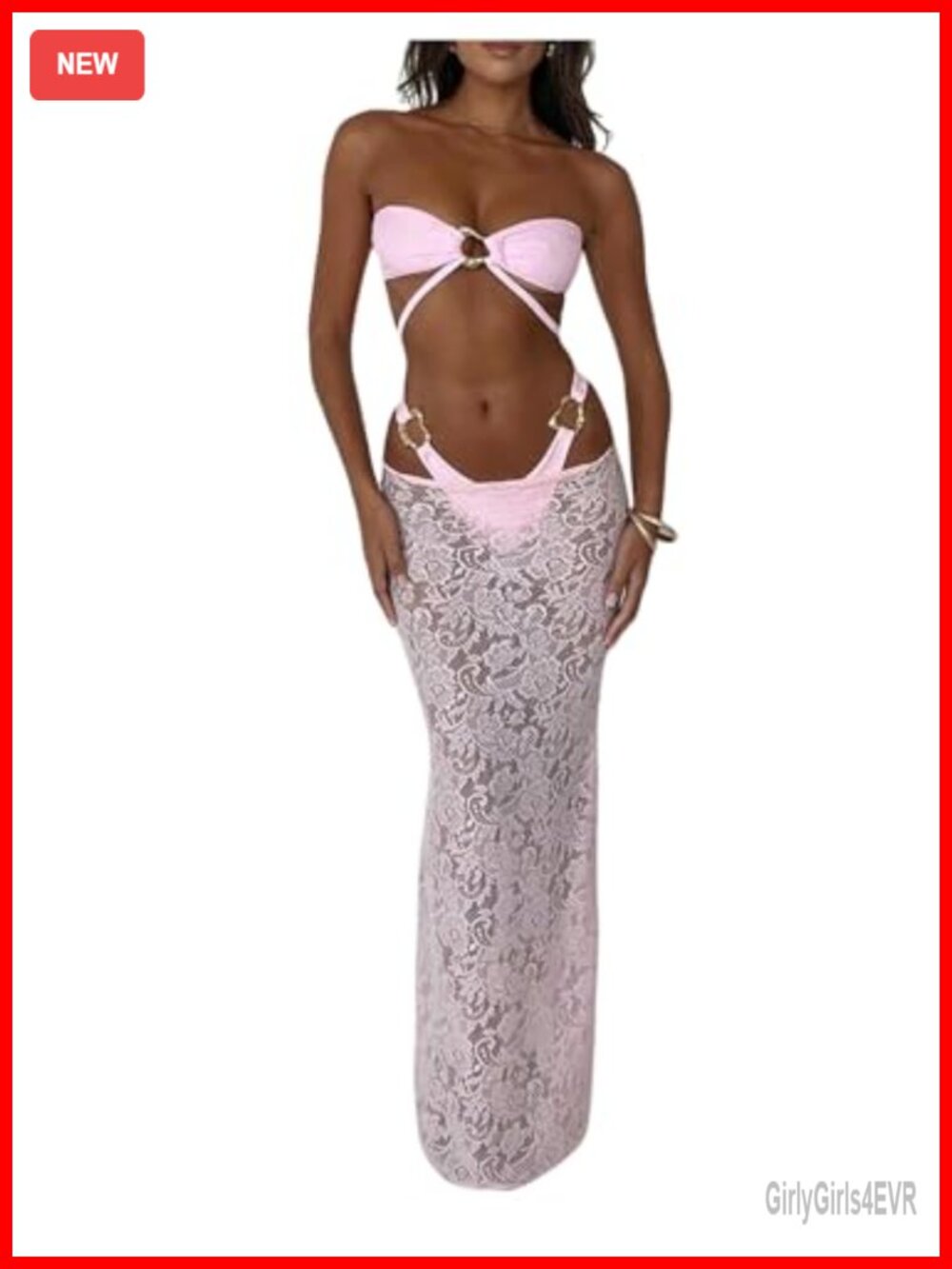 Strapless Bandeau Bikini Set with Metal Ring & Cover Up Skirt